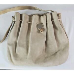 Vtg Mark Cross England Suede Leather Lght Beige Bucket Bag Shoulder 13x11" Italy